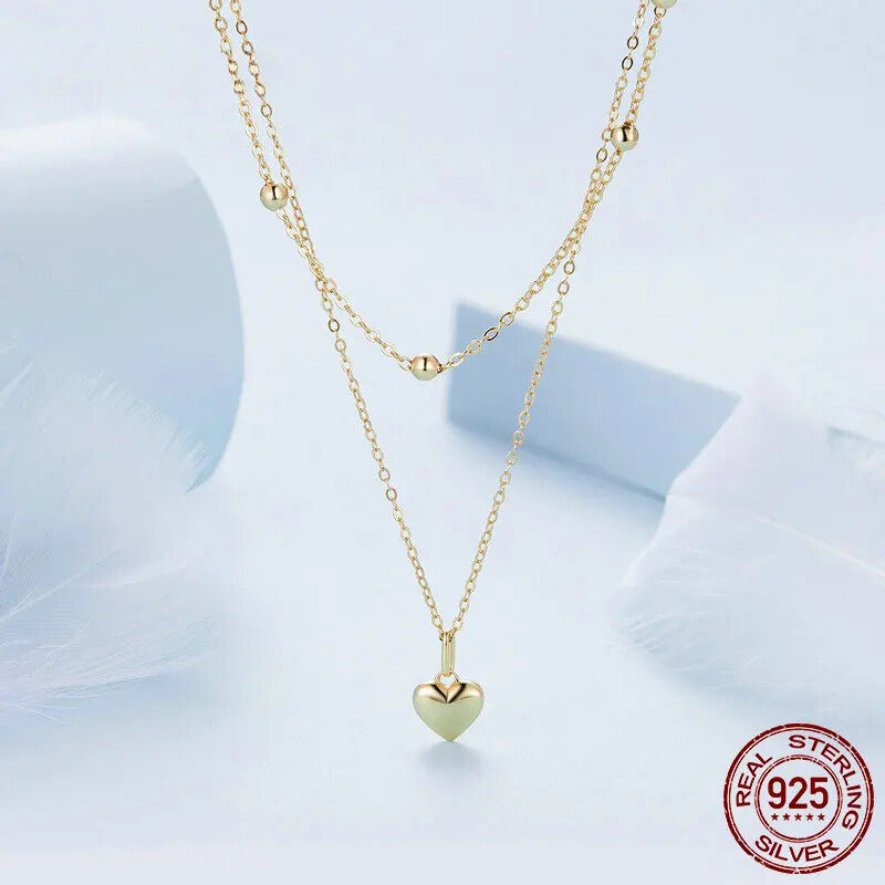 "925 Sterling Silver Heart Pendant Necklace - Gold Double Layer Choker for Women"