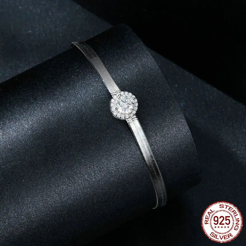 "925 Sterling Silver Moissanite Halo Pendant Bracelet – Exquisite Snake Chain Link Jewelry for Women, Perfect for Weddings & Gifts"