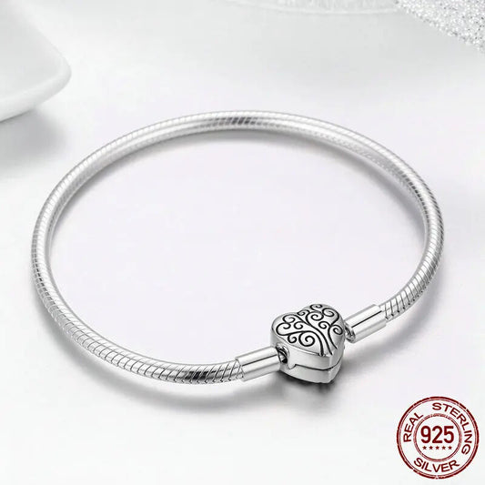 "925 Sterling Silver Tree of Life Bracelet - Heart Clasp Snake Chain Design for Women"