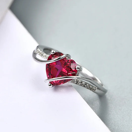 "Heart-Shaped Ruby Ring - 2.5 Carat 925 Sterling Silver Love Ring for Women’s Wedding, Engagement, or Party"