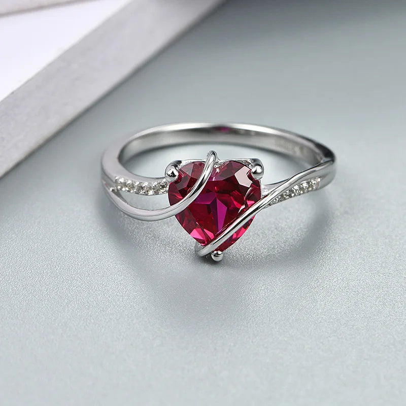 "Heart-Shaped Ruby Ring - 2.5 Carat 925 Sterling Silver Love Ring for Women’s Wedding, Engagement, or Party"