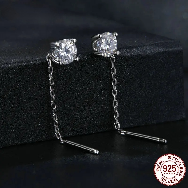 "Moissanite Threader Earrings – Hypoallergenic 925 Sterling Silver with Platinum Plated Chain for Elegant Style!"