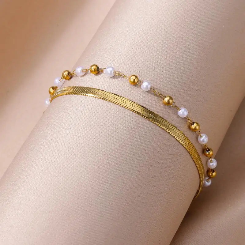 "Gold Stainless Steel Pearl Anklet – Summer Beach Jewelry for Women"