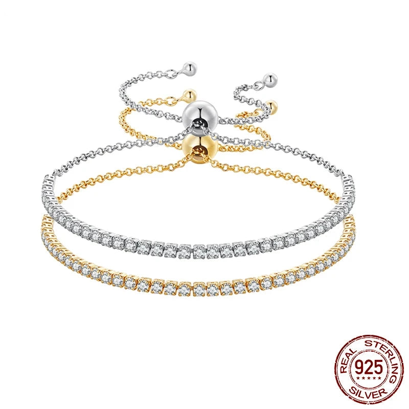 "14K Gold Plated CZ Tennis Bracelet - Adjustable 925 Sterling Silver for Women’s Wedding Jewelry Gift"