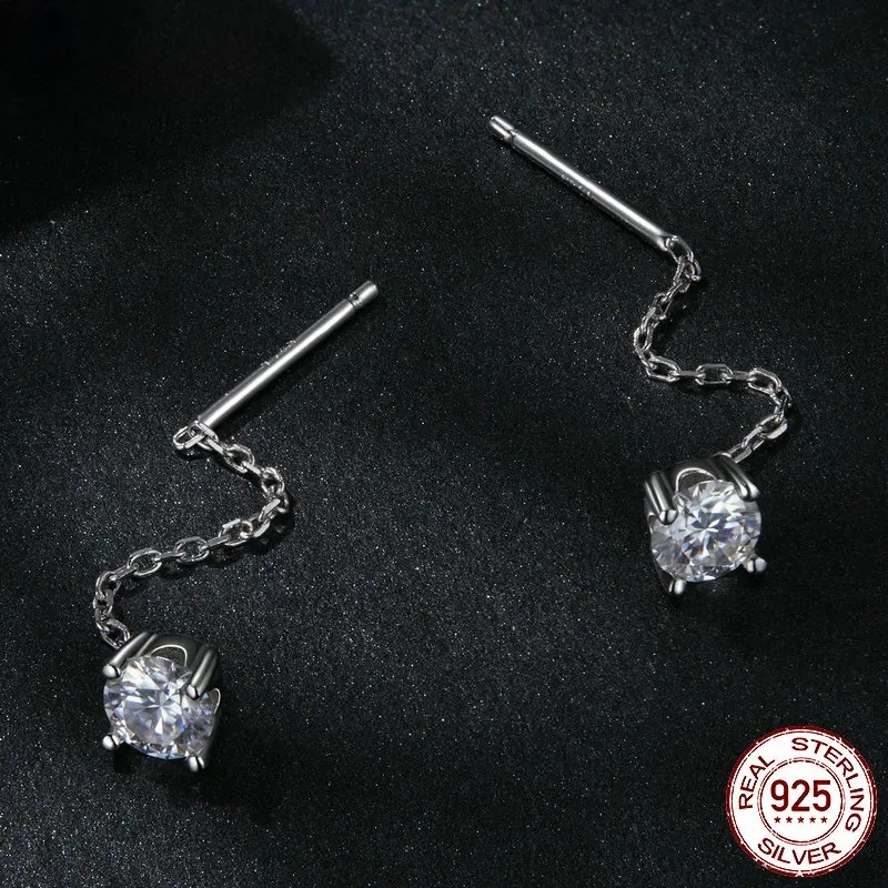 "Moissanite Threader Earrings – Hypoallergenic 925 Sterling Silver with Platinum Plated Chain for Elegant Style!"