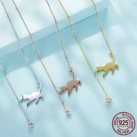 "925 Sterling Silver Cat Necklace – Cute Cat Pendant Collarbone Jewelry for Women, Available in 3 Colors"