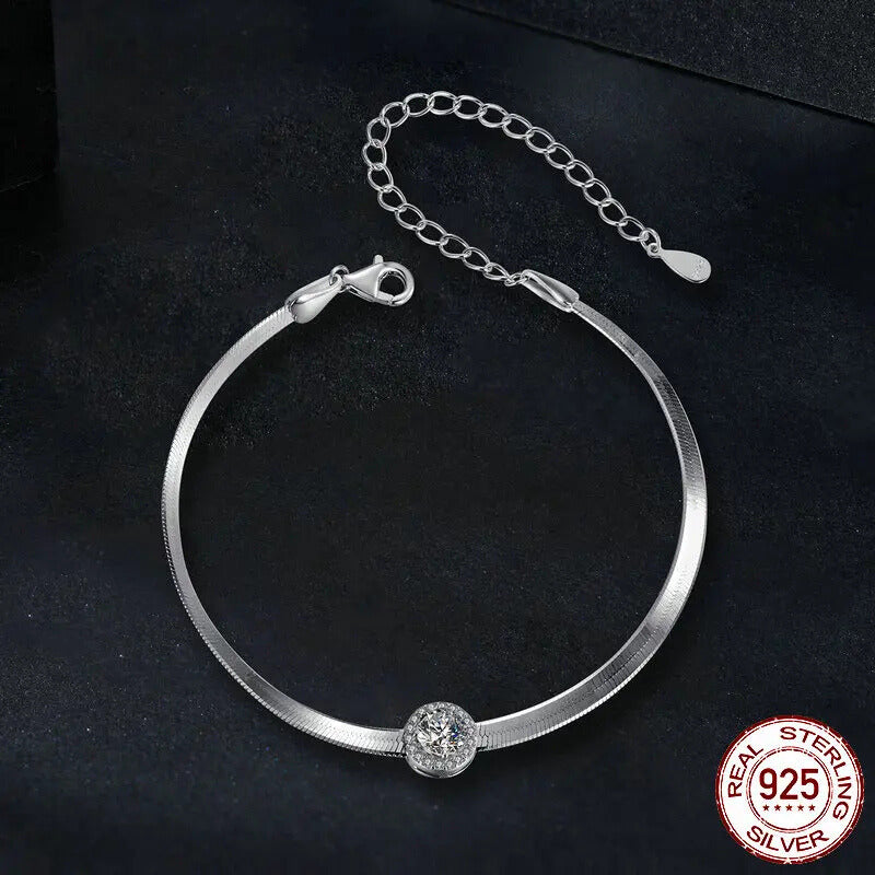 "925 Sterling Silver Moissanite Halo Pendant Bracelet – Exquisite Snake Chain Link Jewelry for Women, Perfect for Weddings & Gifts"