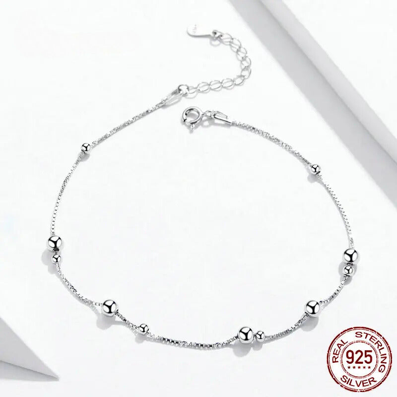 "925 Sterling Silver Round Beads Anklet - Minimalist Leg Chain Bracelet for Women"